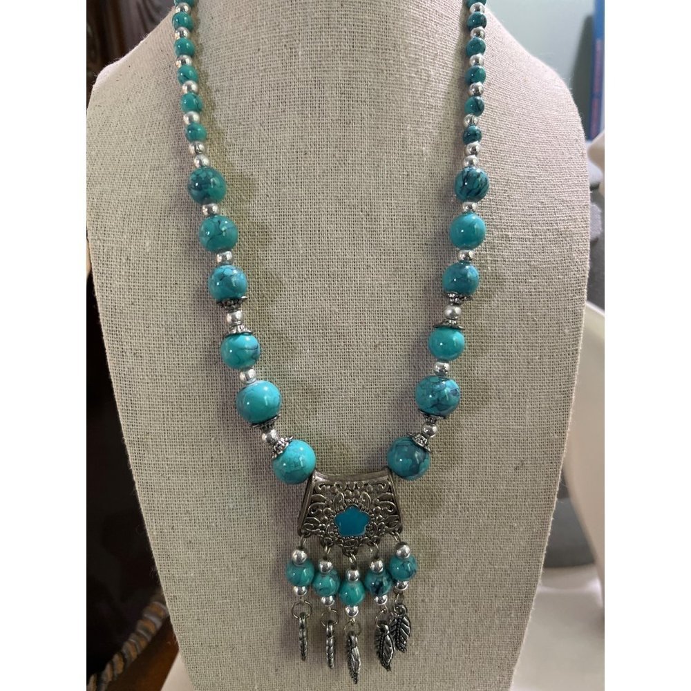 Native Blue Glass Pendant Tassel Necklace -- 18"
